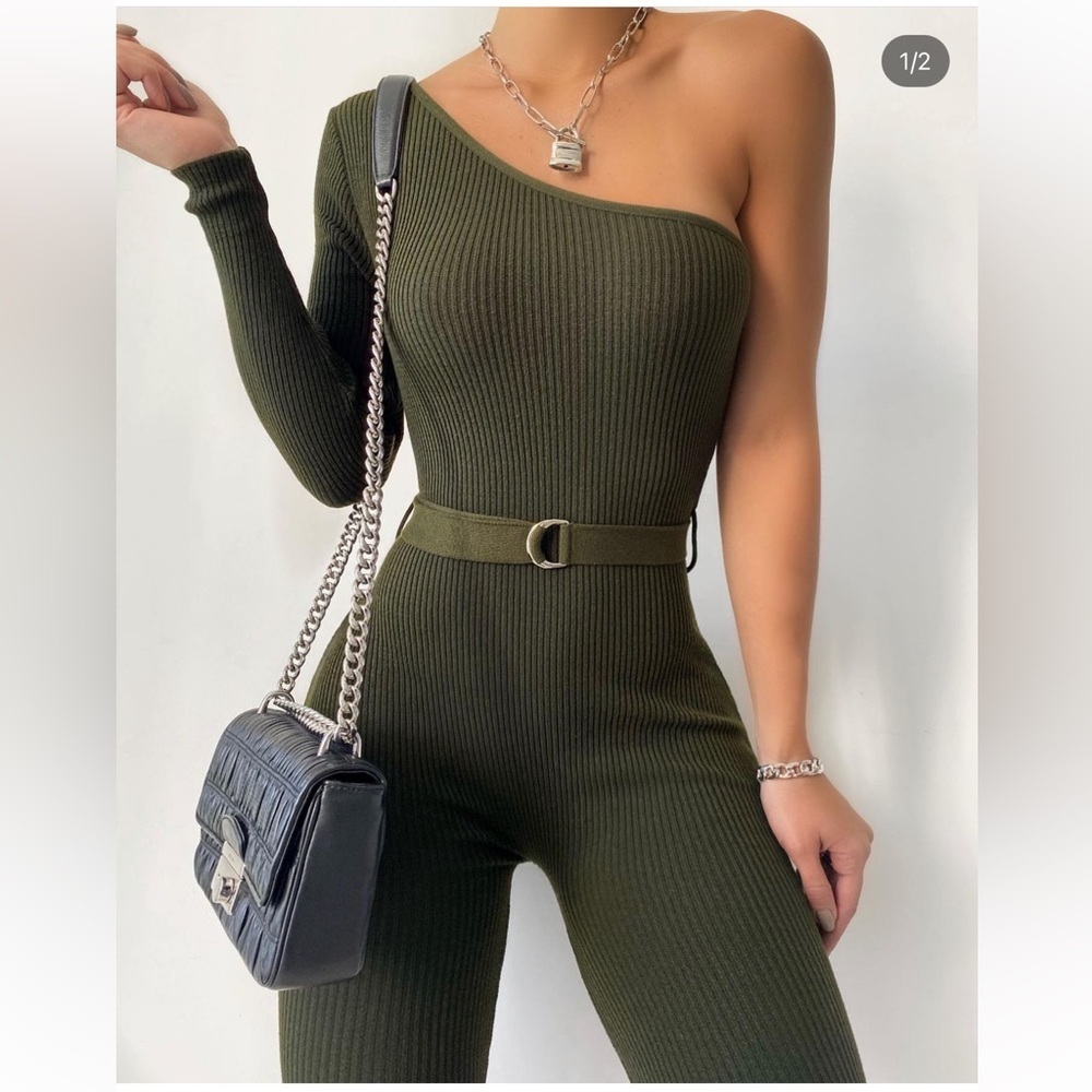 One shoulder green Navy romper